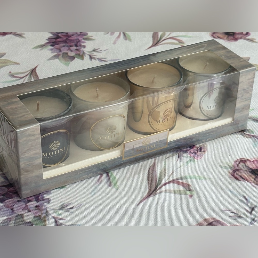 NEW IN BOX Set Of Four Candles / Dark Navy, Cream, Gold, Silver / Beautiful!